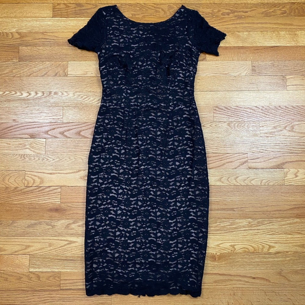 Maggy London Lace Sheath Dress Womens 8 Black Tan Bow‎ Back Cocktail Romantic